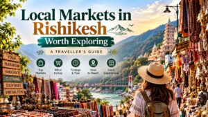 Local markets in Rishikesh with colourful shops, handicrafts and spiritual souvenirs