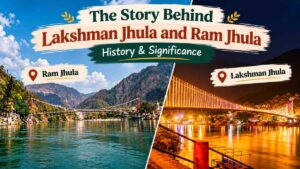 Lakshman Jhula and Ram Jhula in Rishikesh over the River Ganga, showing the bridges' history and cultural significance.