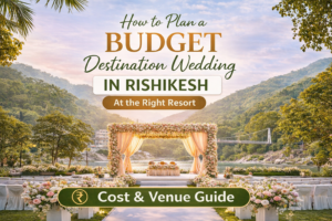 Budget destination wedding in Rishikesh at a scenic riverside resort with floral mandap setup